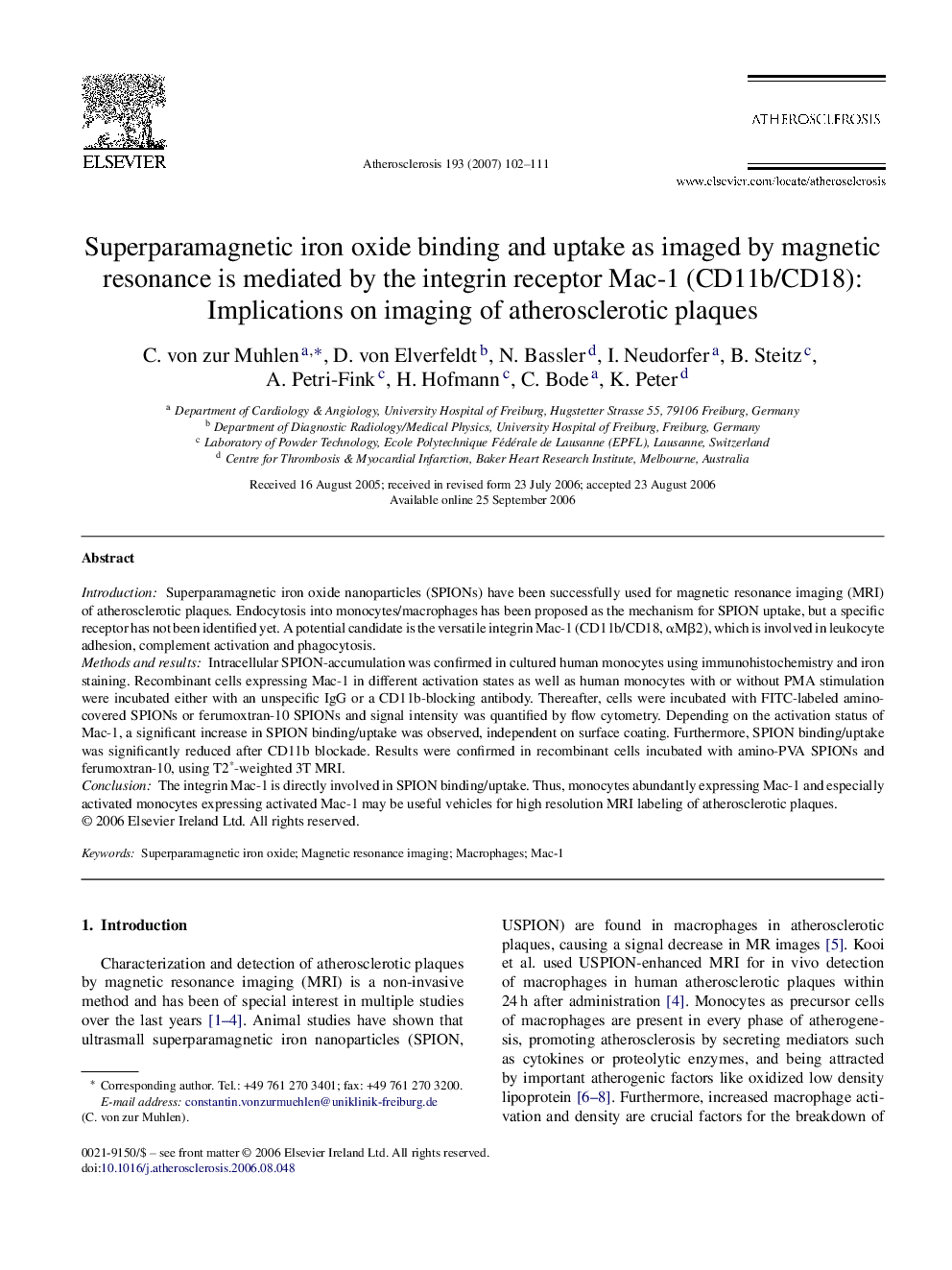 Superparamagnetic iron oxide binding and uptake as imaged by magnetic resonance is mediated by the integrin receptor Mac-1 (CD11b/CD18): Implications on imaging of atherosclerotic plaques