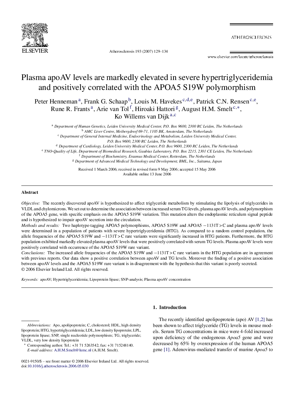 Plasma apoAV levels are markedly elevated in severe hypertriglyceridemia and positively correlated with the APOA5 S19W polymorphism