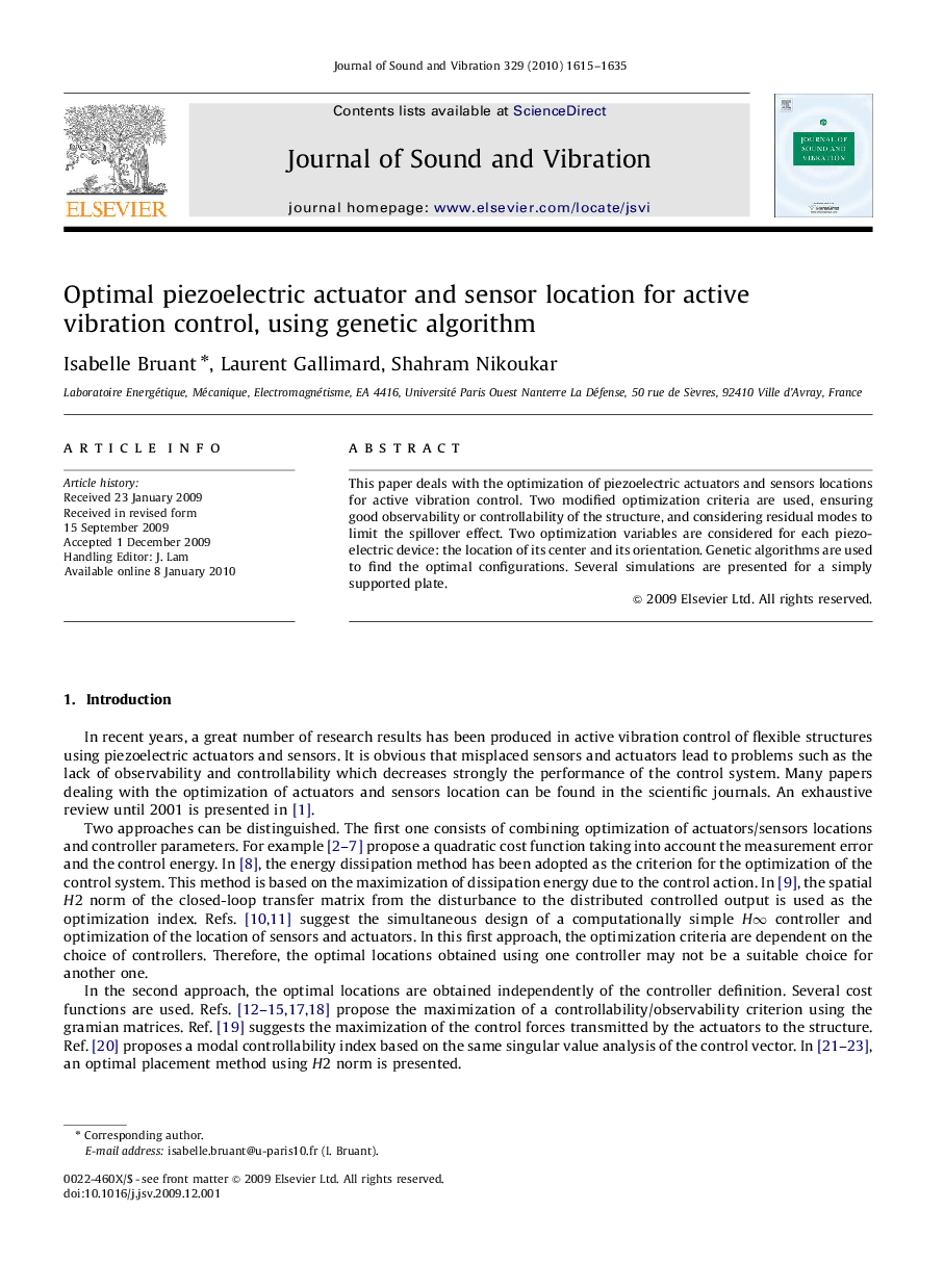 عکس صفحه اول مقاله: Optimal piezoelectric actuator and sensor location for active vibration control, using genetic algorithm Optimal piezoelectric actuator and sensor location for active vibration control, using genetic algorithm