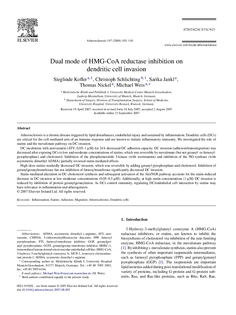 Dual mode of HMG-CoA reductase inhibition on dendritic cell invasion