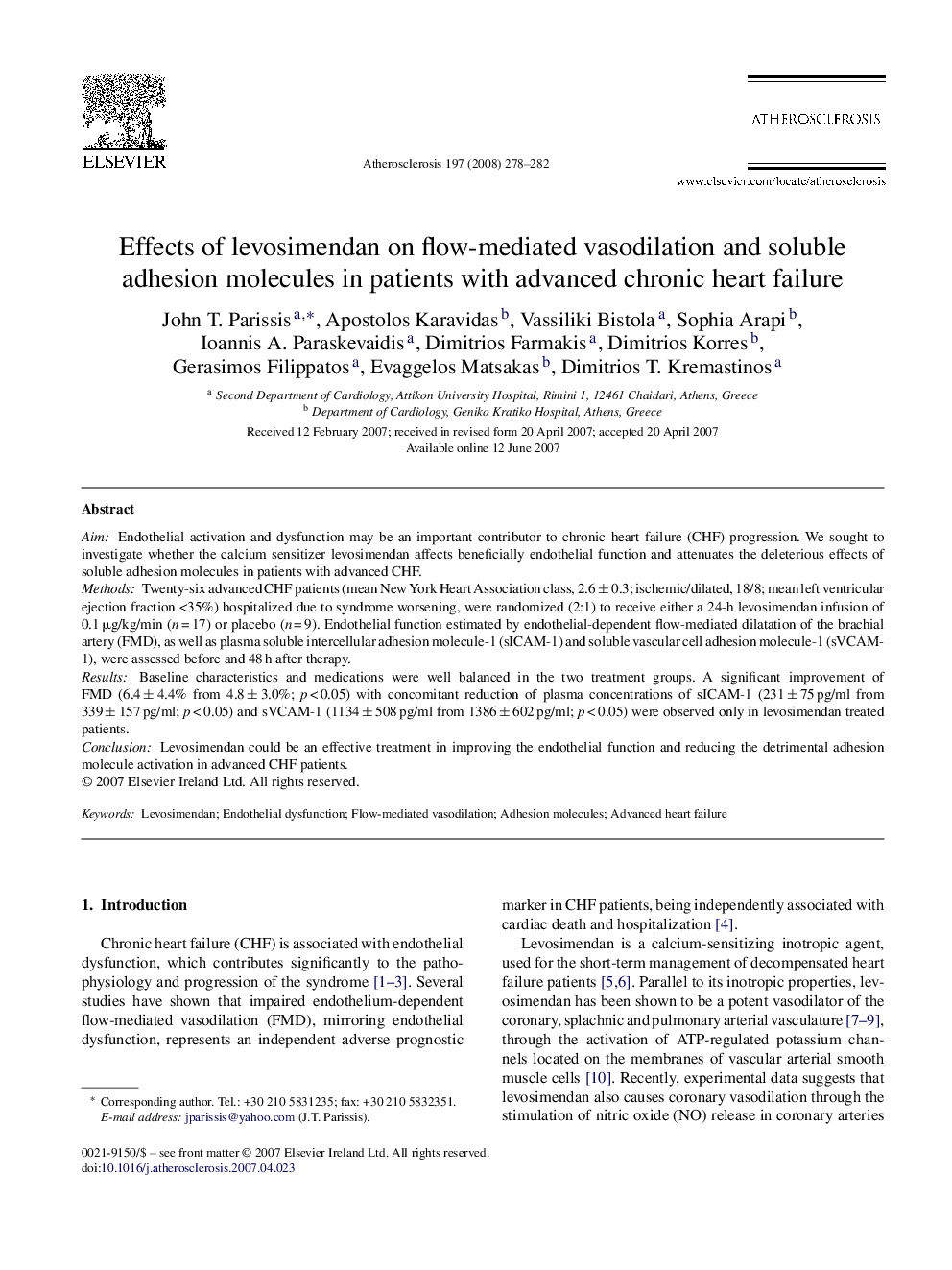 Effects of levosimendan on flow-mediated vasodilation and soluble adhesion molecules in patients with advanced chronic heart failure