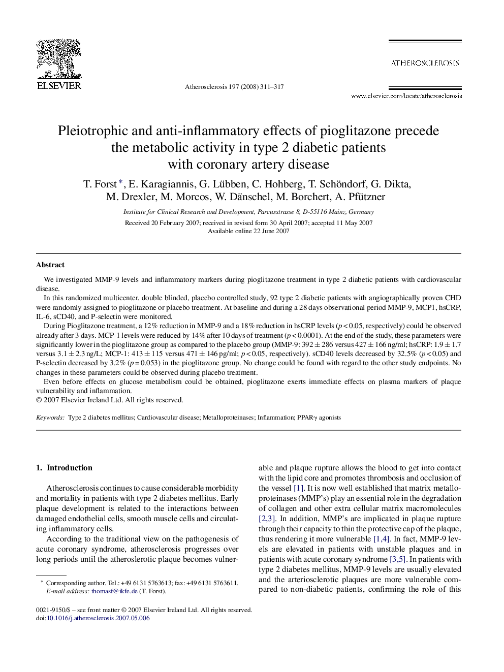 Pleiotrophic and anti-inflammatory effects of pioglitazone precede the metabolic activity in type 2 diabetic patients with coronary artery disease