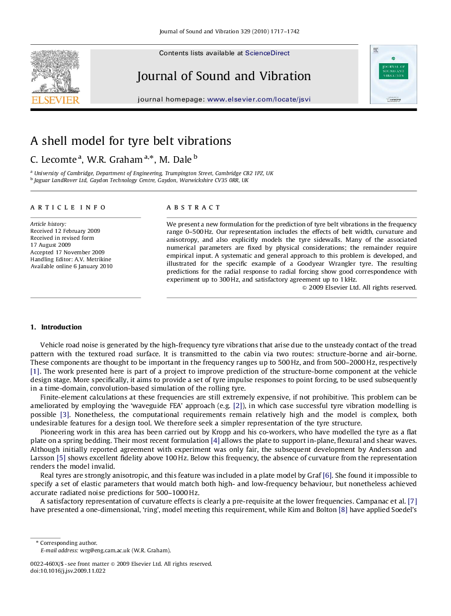 عکس صفحه اول مقاله: A shell model for tyre belt vibrations A shell model for tyre belt vibrations