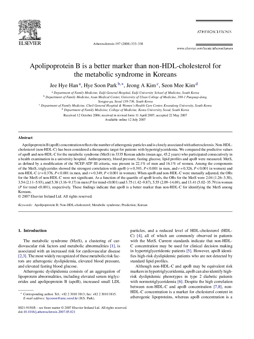 Apolipoprotein B is a better marker than non-HDL-cholesterol for the metabolic syndrome in Koreans