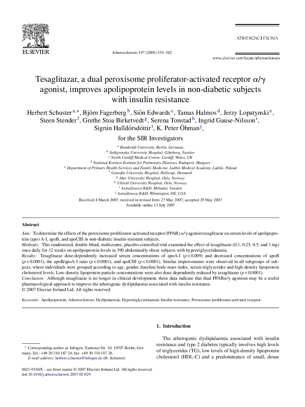 Tesaglitazar, a dual peroxisome proliferator-activated receptor α/γ agonist, improves apolipoprotein levels in non-diabetic subjects with insulin resistance