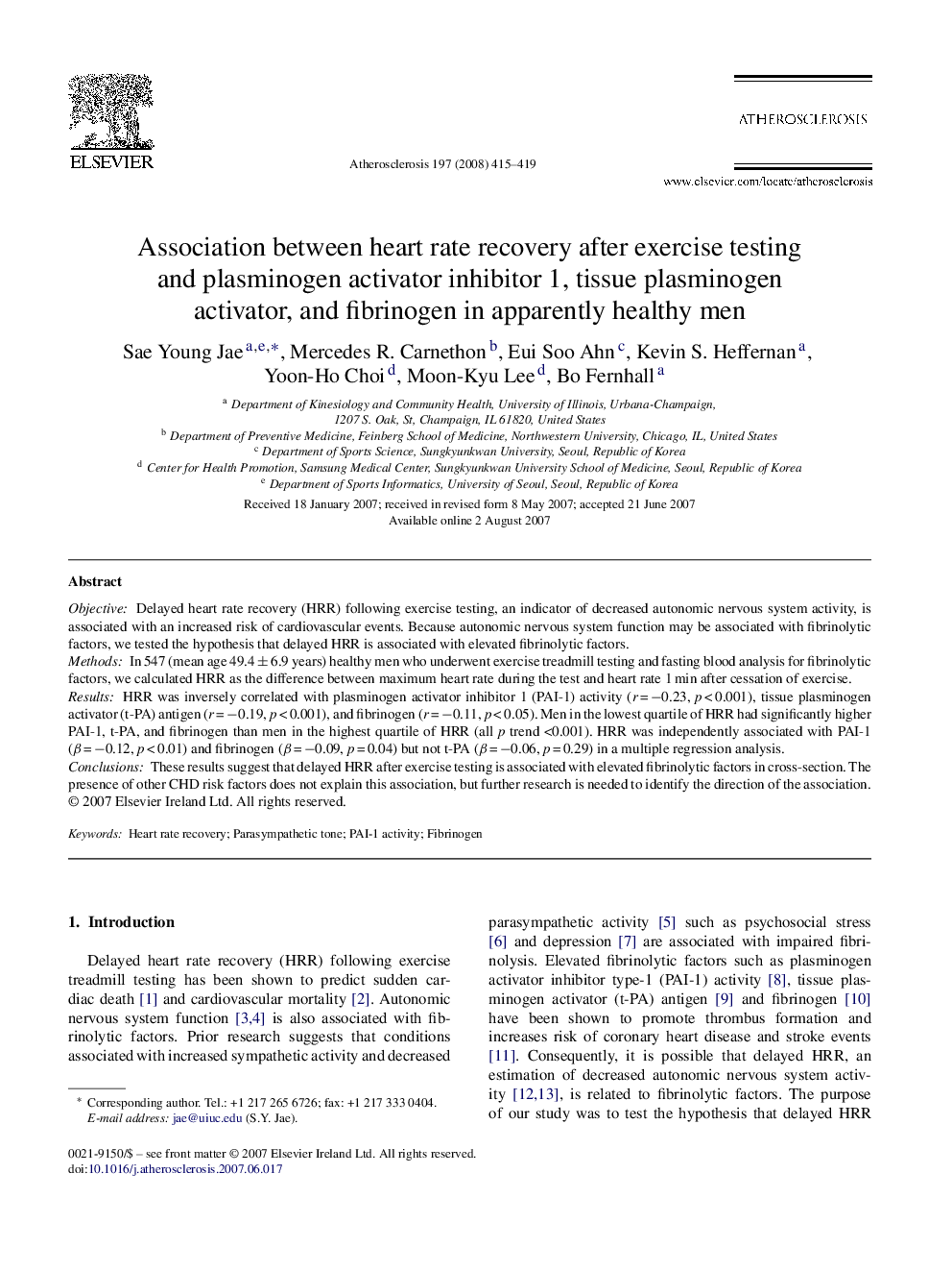 Association between heart rate recovery after exercise testing and plasminogen activator inhibitor 1, tissue plasminogen activator, and fibrinogen in apparently healthy men