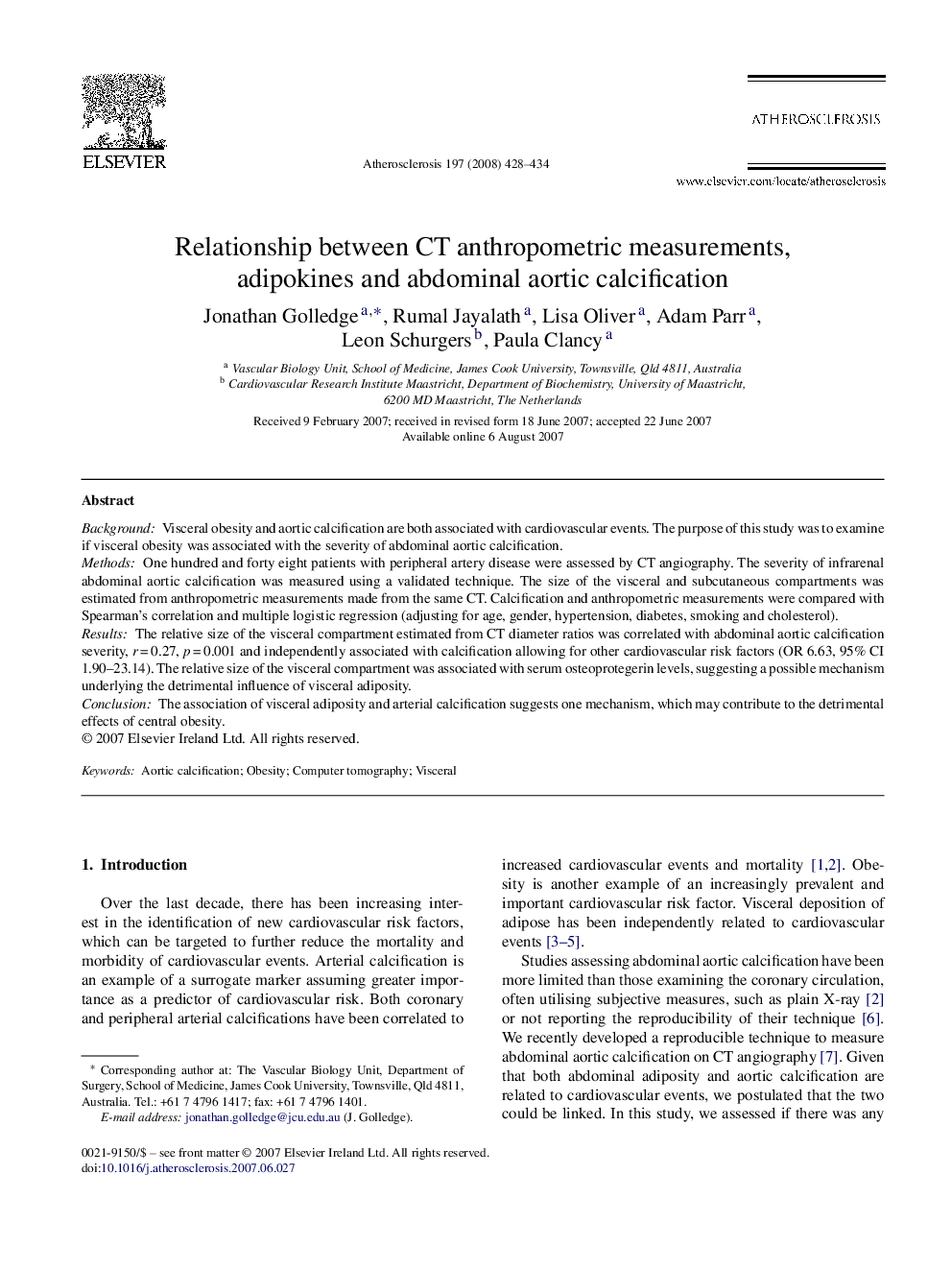 Relationship between CT anthropometric measurements, adipokines and abdominal aortic calcification