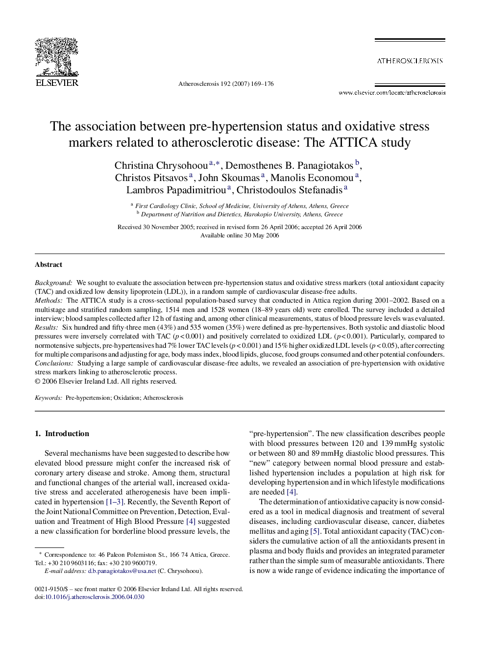 The association between pre-hypertension status and oxidative stress markers related to atherosclerotic disease: The ATTICA study