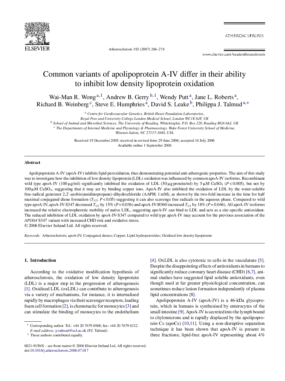 Common variants of apolipoprotein A-IV differ in their ability to inhibit low density lipoprotein oxidation