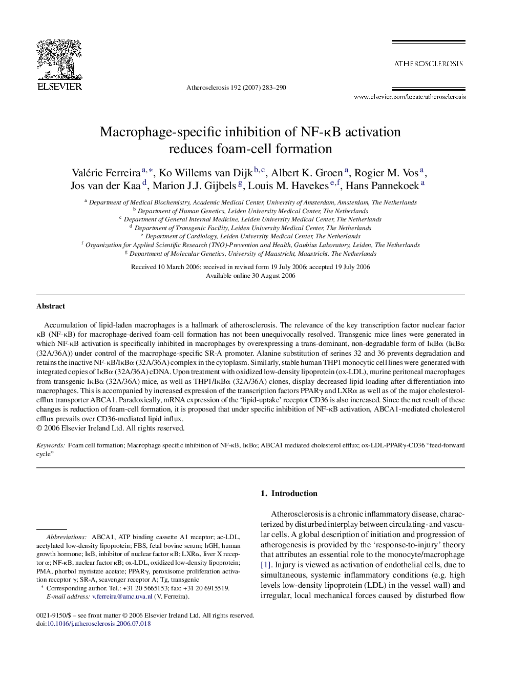 Macrophage-specific inhibition of NF-κB activation reduces foam-cell formation