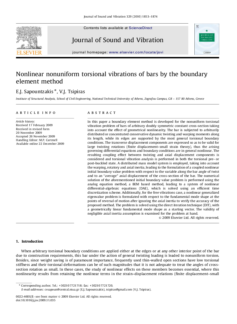 عکس صفحه اول مقاله: Nonlinear nonuniform torsional vibrations of bars by the boundary element method Nonlinear nonuniform torsional vibrations of bars by the boundary element method