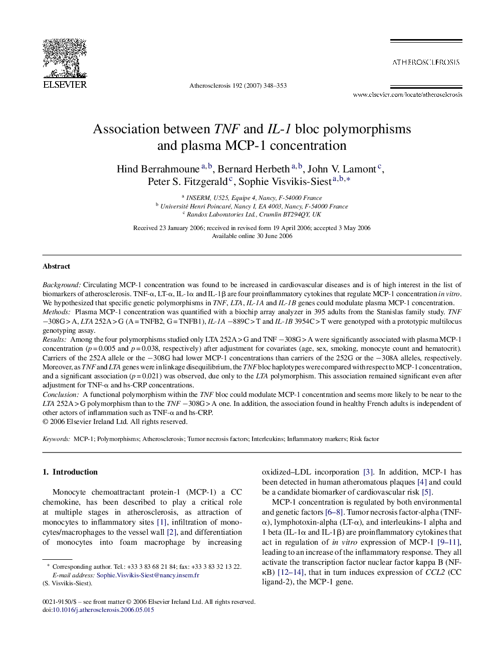 Association between TNF and IL-1 bloc polymorphisms and plasma MCP-1 concentration