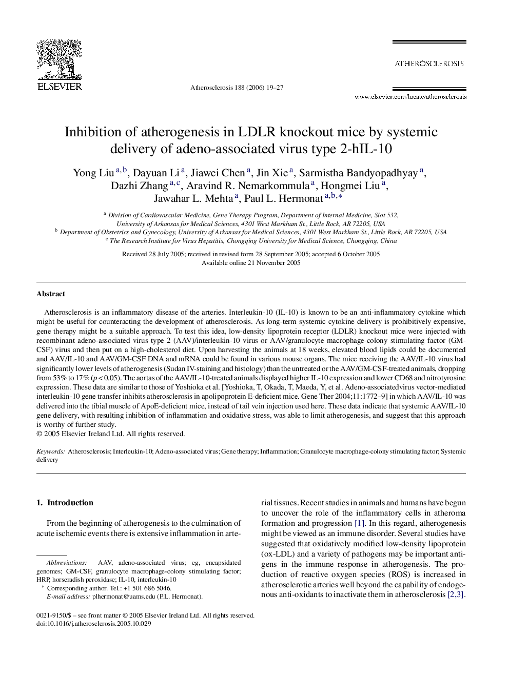 Inhibition of atherogenesis in LDLR knockout mice by systemic delivery of adeno-associated virus type 2-hIL-10