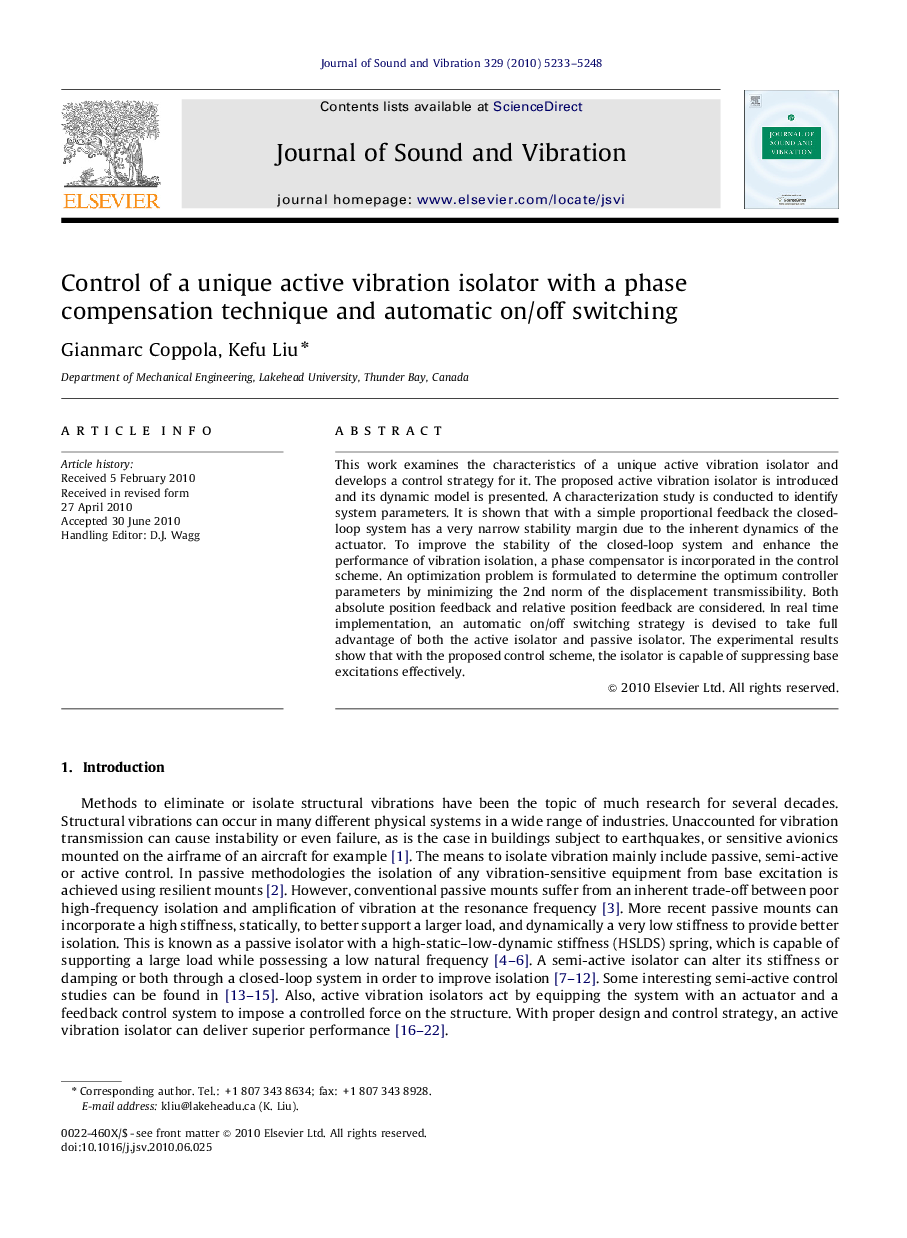 Control of a unique active vibration isolator with a phase compensation technique and automatic on/off switching