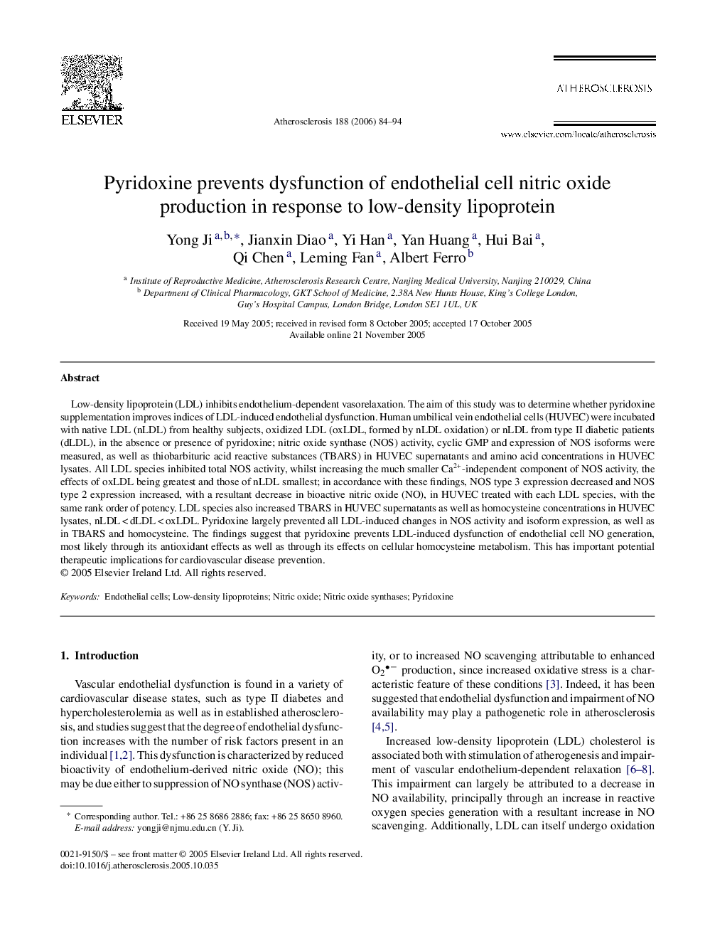 Pyridoxine prevents dysfunction of endothelial cell nitric oxide production in response to low-density lipoprotein