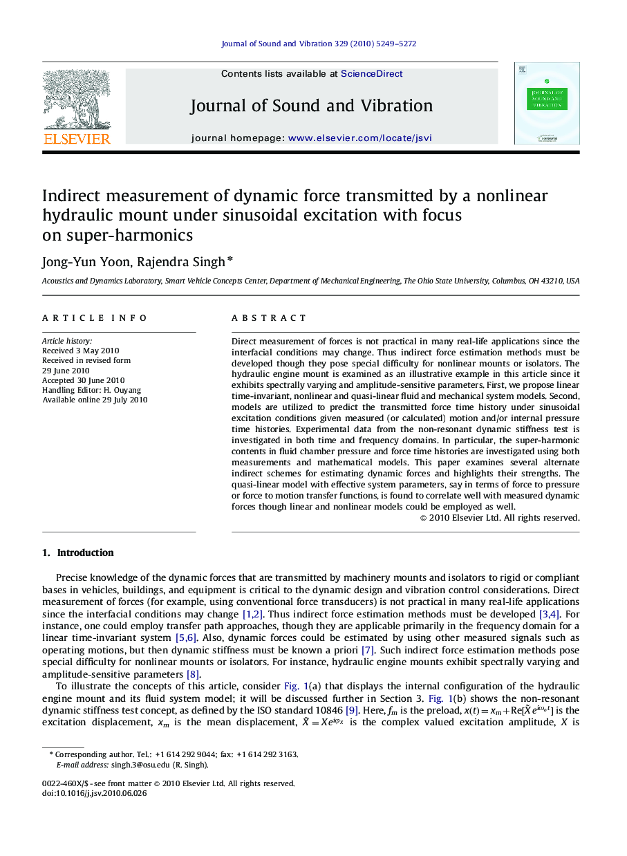 عکس صفحه اول مقاله: Indirect measurement of dynamic force transmitted by a nonlinear hydraulic mount under sinusoidal excitation with focus on super-harmonics Indirect measurement of dynamic force transmitted by a nonlinear hydraulic mount under sinusoidal excitation with focus on super-harmonics