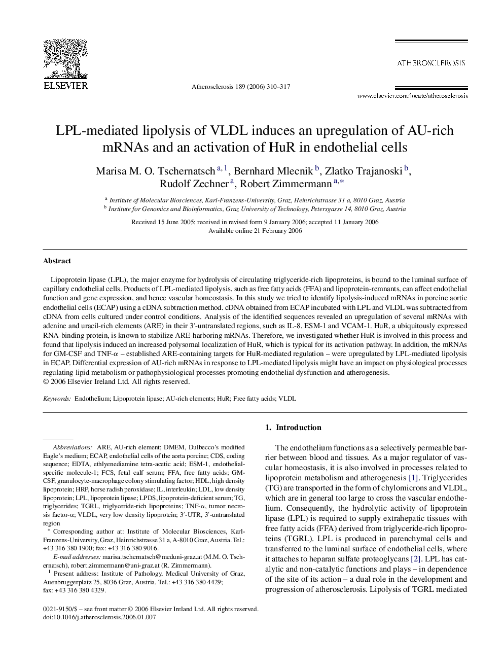 LPL-mediated lipolysis of VLDL induces an upregulation of AU-rich mRNAs and an activation of HuR in endothelial cells