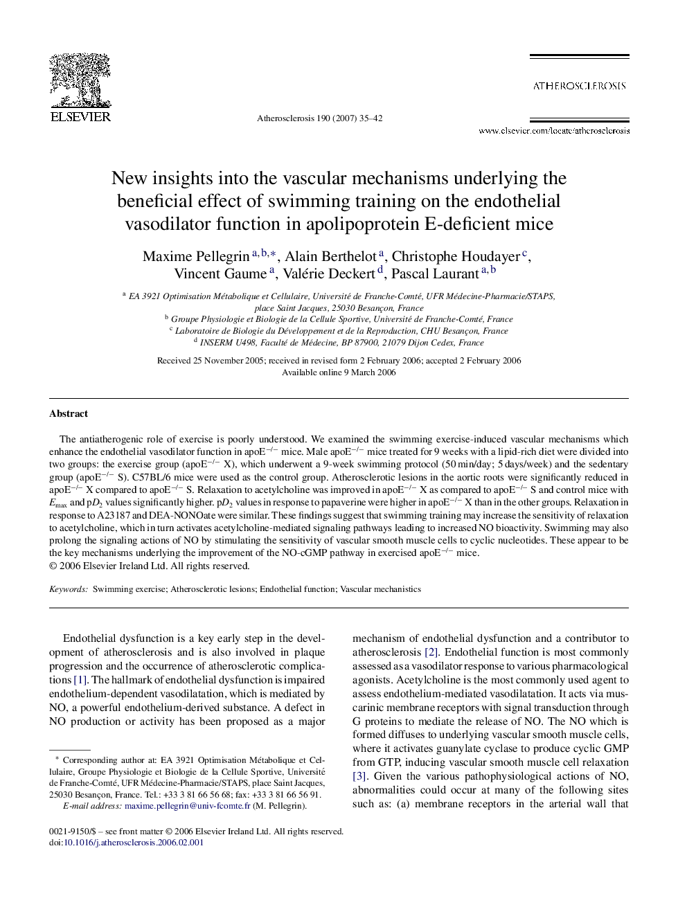 New insights into the vascular mechanisms underlying the beneficial effect of swimming training on the endothelial vasodilator function in apolipoprotein E-deficient mice