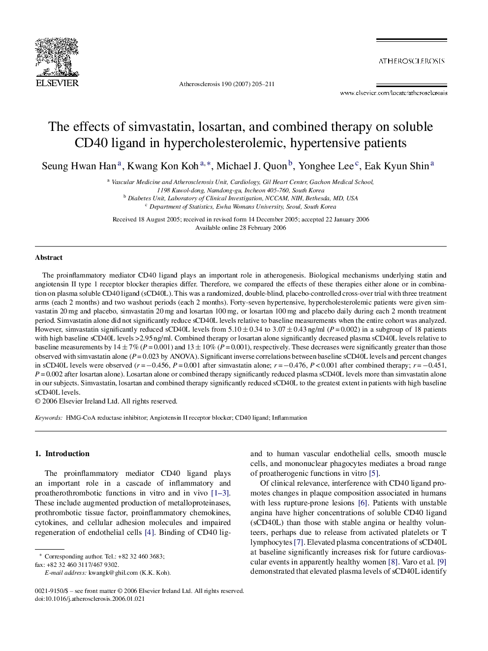 The effects of simvastatin, losartan, and combined therapy on soluble CD40 ligand in hypercholesterolemic, hypertensive patients