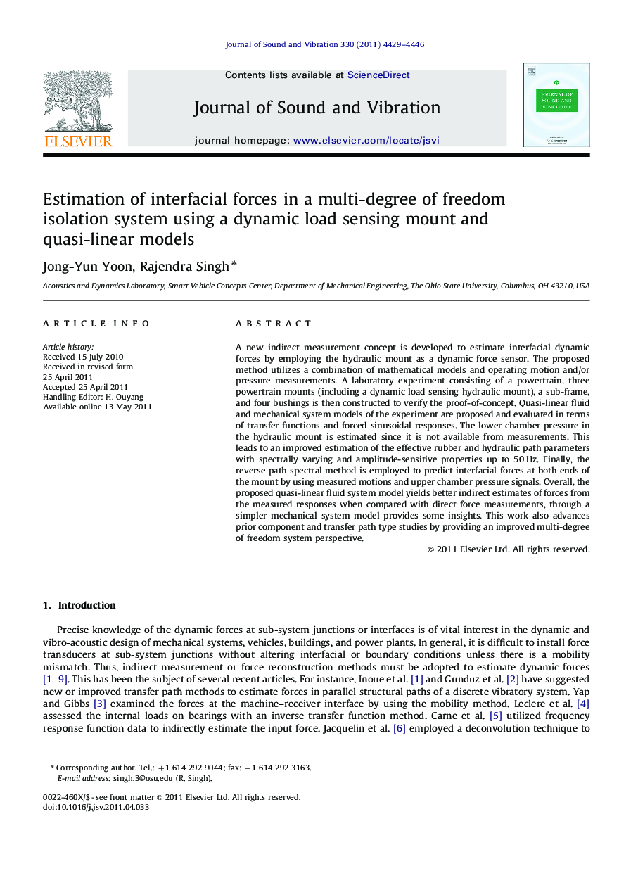 Estimation of interfacial forces in a multi-degree of freedom isolation system using a dynamic load sensing mount and quasi-linear models