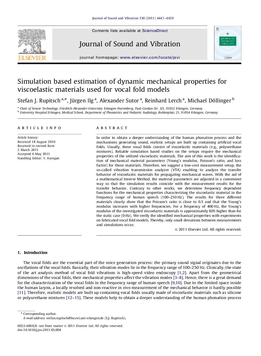 Simulation based estimation of dynamic mechanical properties for viscoelastic materials used for vocal fold models