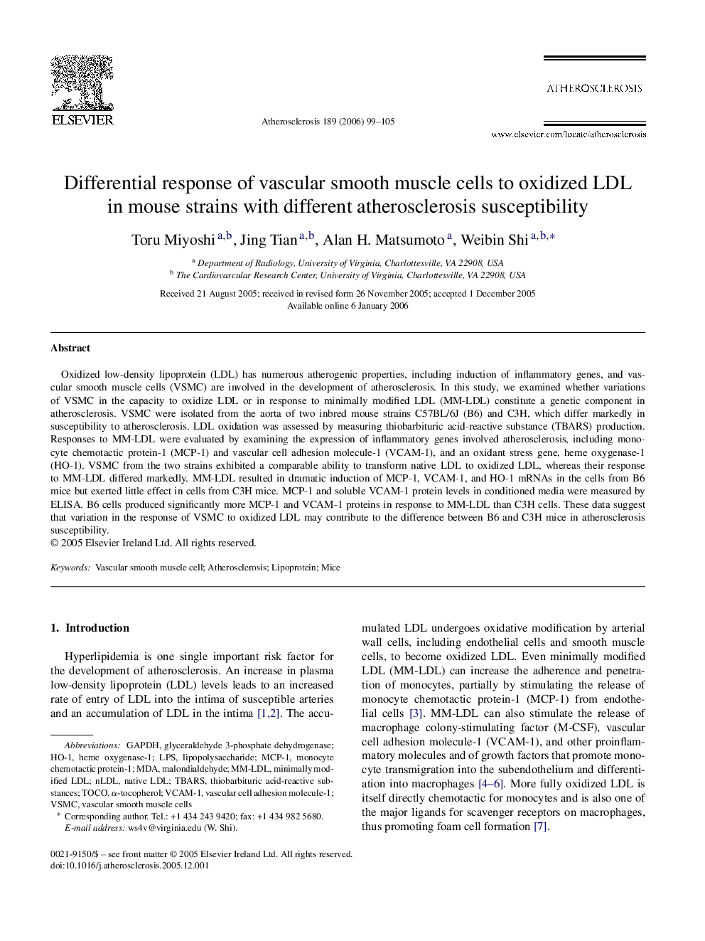 Differential response of vascular smooth muscle cells to oxidized LDL in mouse strains with different atherosclerosis susceptibility