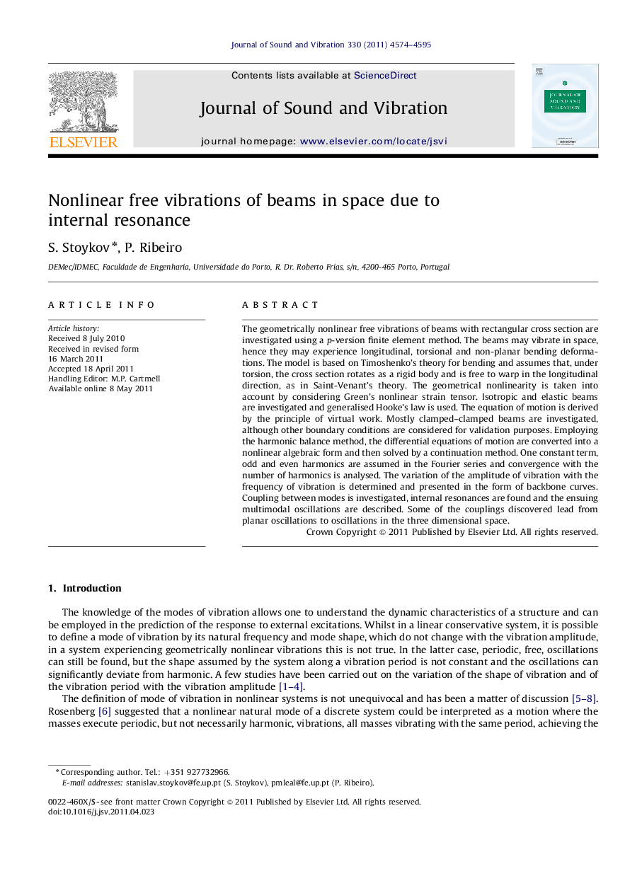 Nonlinear free vibrations of beams in space due to internal resonance