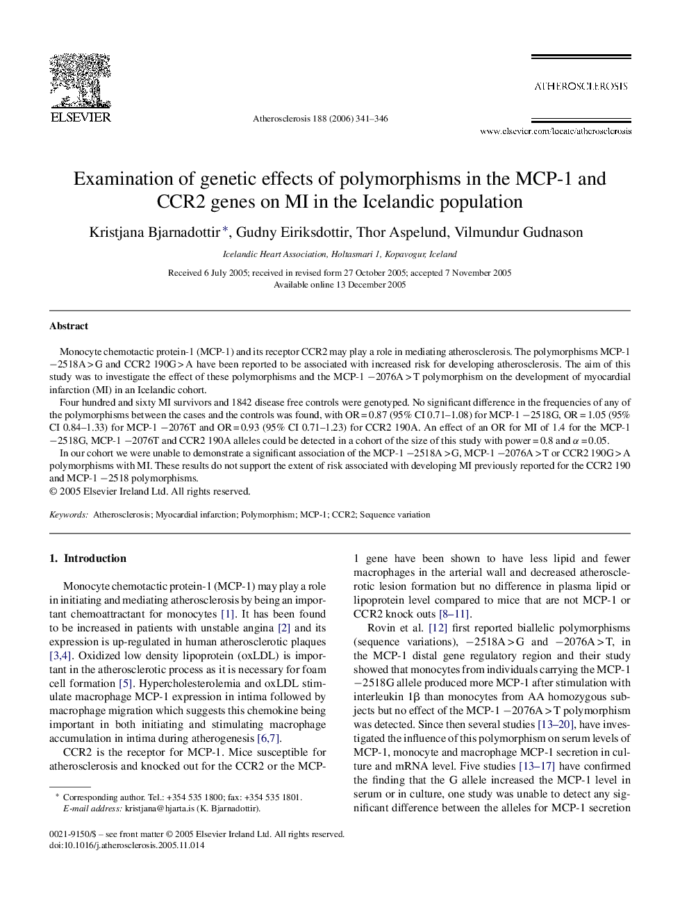 Examination of genetic effects of polymorphisms in the MCP-1 and CCR2 genes on MI in the Icelandic population