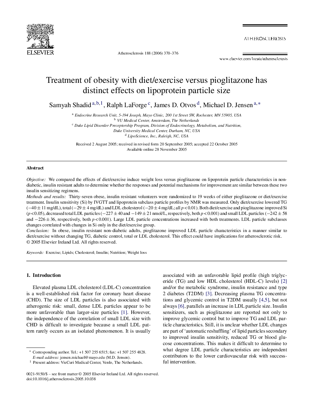 Treatment of obesity with diet/exercise versus pioglitazone has distinct effects on lipoprotein particle size