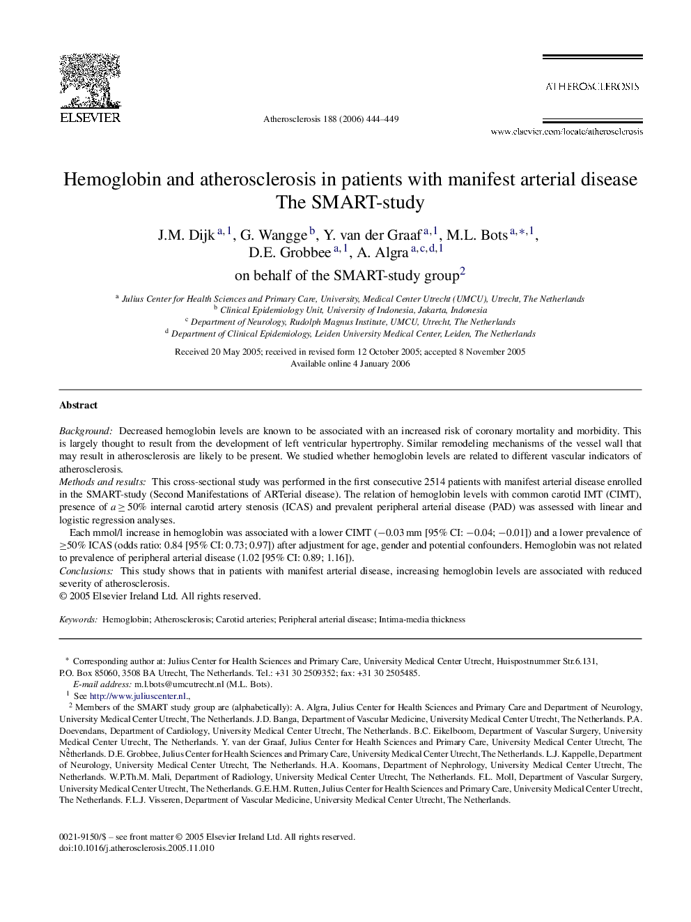 Hemoglobin and atherosclerosis in patients with manifest arterial disease: The SMART-study