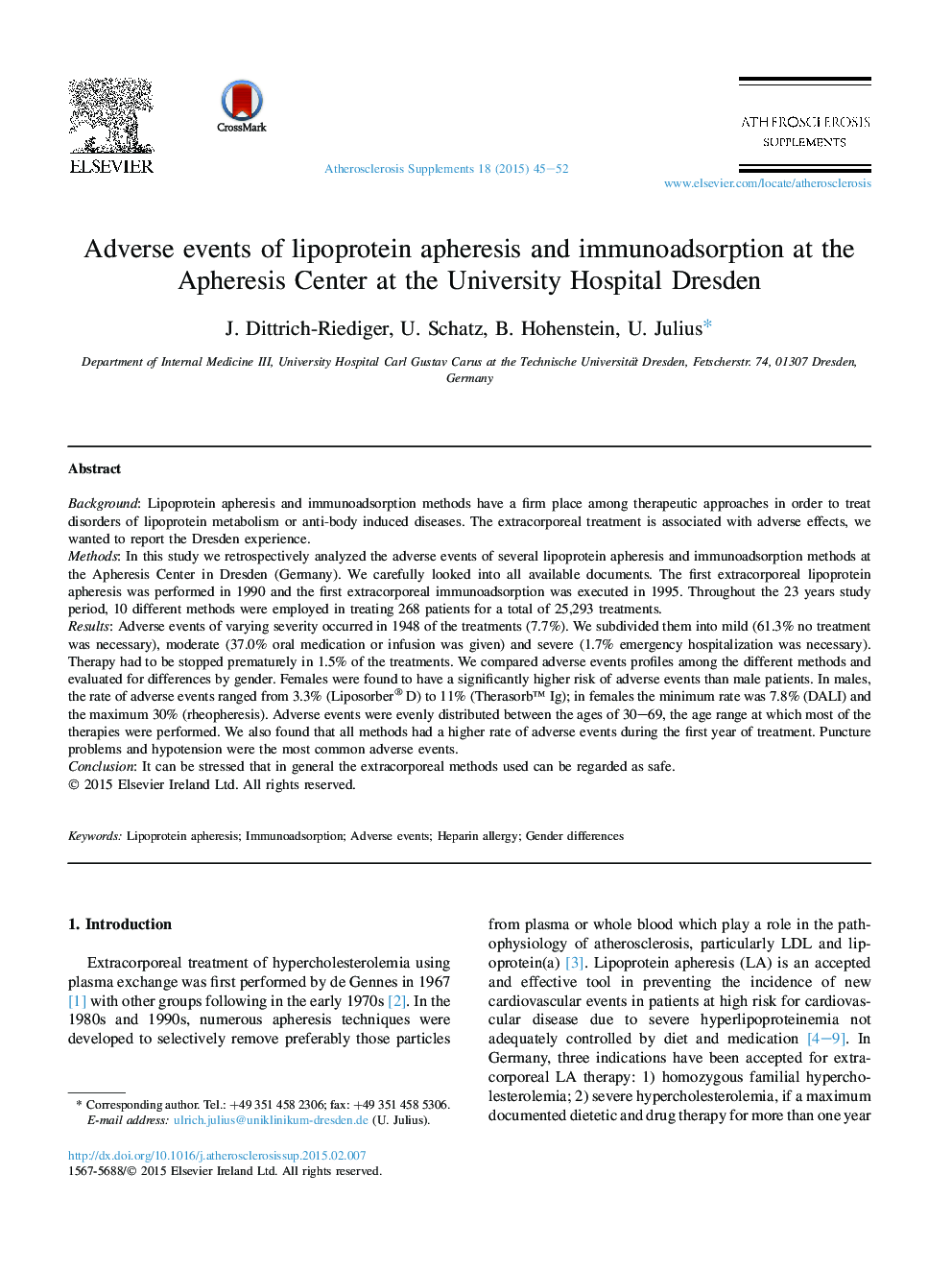 Adverse events of lipoprotein apheresis and immunoadsorption at the Apheresis Center at the University Hospital Dresden