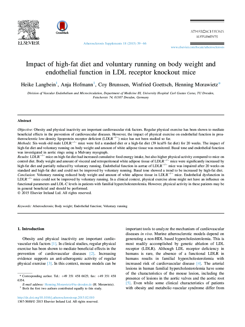 Impact of high-fat diet and voluntary running on body weight and endothelial function in LDL receptor knockout mice