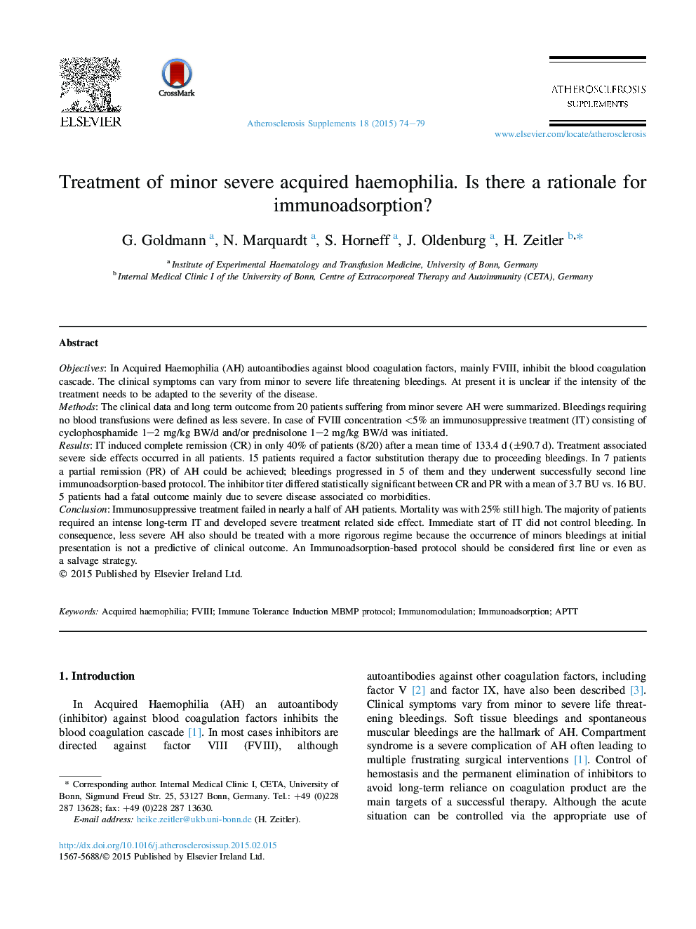 Treatment of minor severe acquired haemophilia. Is there a rationale for immunoadsorption?