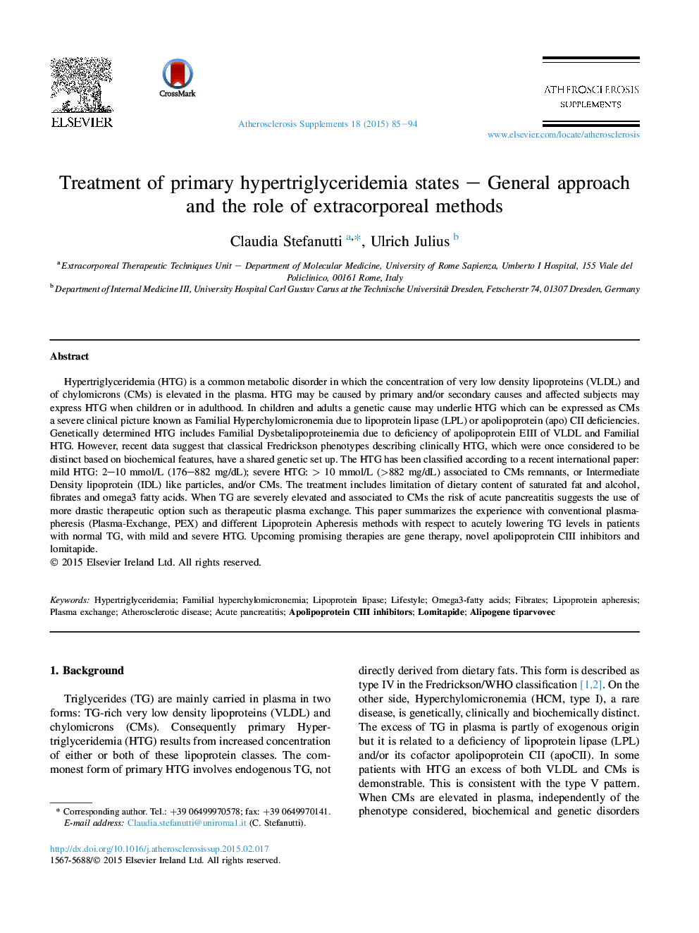 Treatment of primary hypertriglyceridemia states – General approach and the role of extracorporeal methods