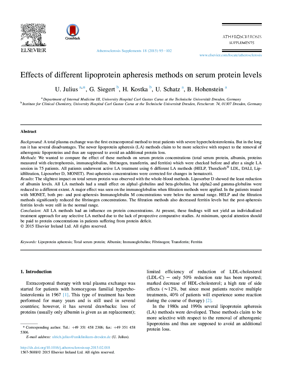 Effects of different lipoprotein apheresis methods on serum protein levels