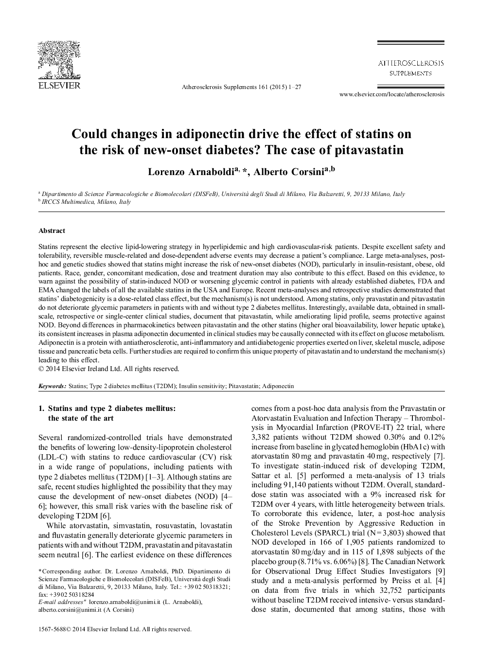 Could changes in adiponectin drive the effect of statins on the risk of new-onset diabetes? The case of pitavastatin