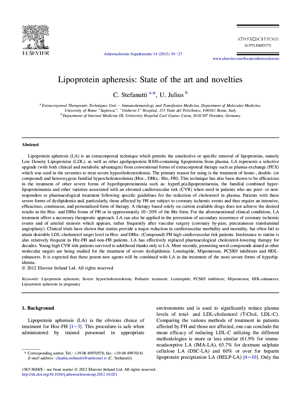 Lipoprotein apheresis: State of the art and novelties