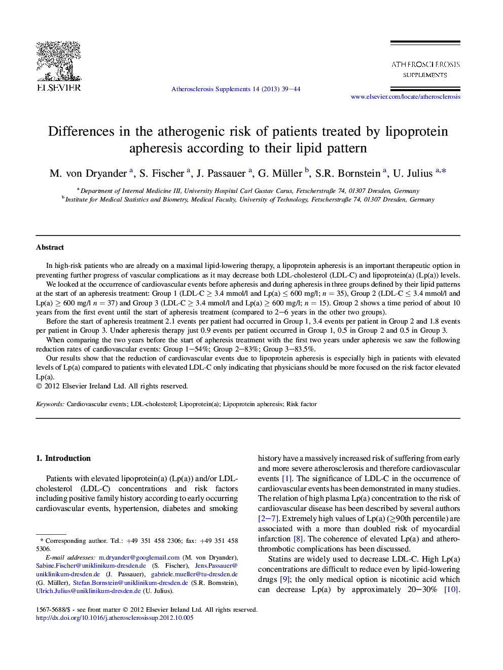 Differences in the atherogenic risk of patients treated by lipoprotein apheresis according to their lipid pattern