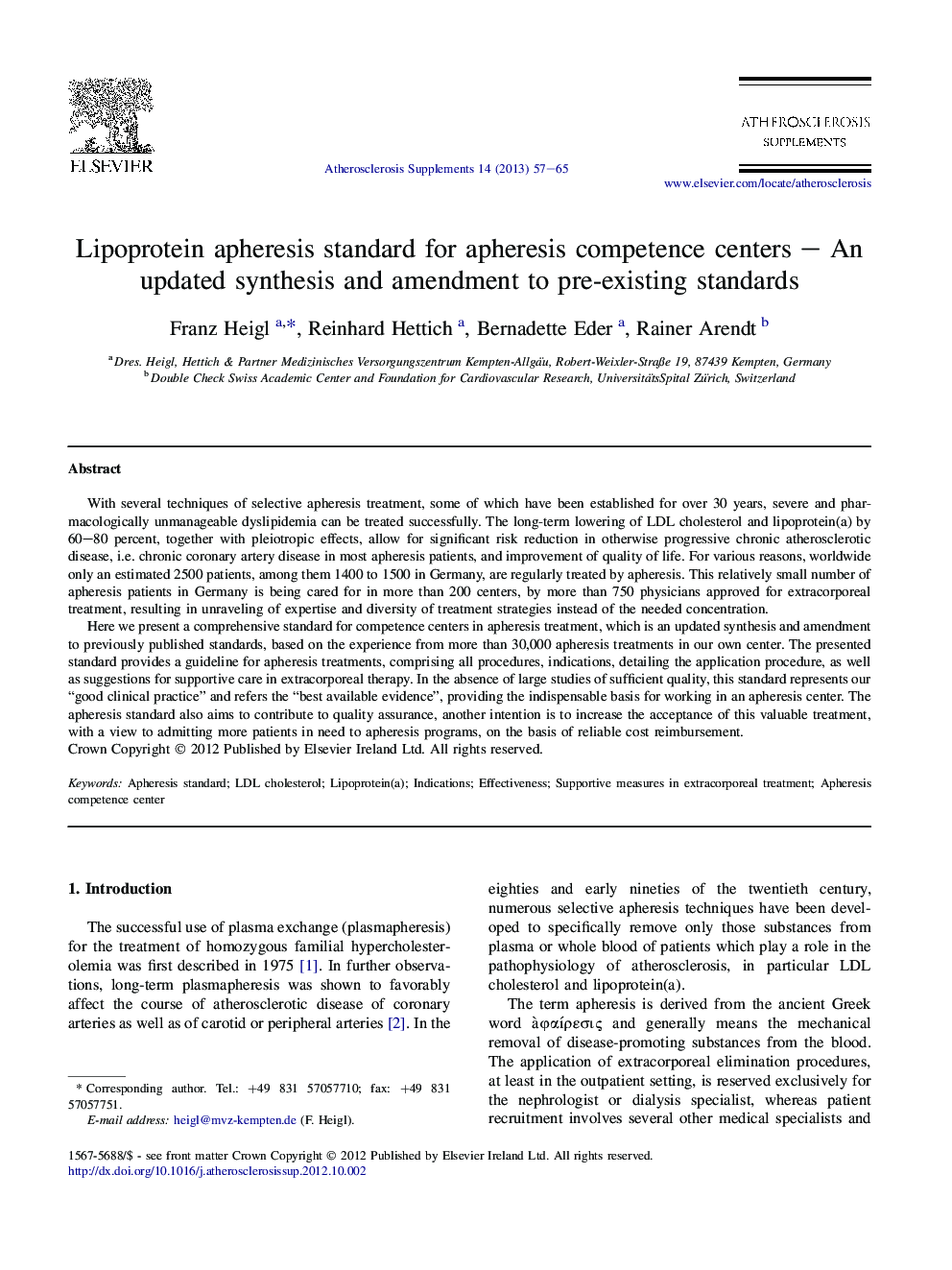 Lipoprotein apheresis standard for apheresis competence centers – An updated synthesis and amendment to pre-existing standards