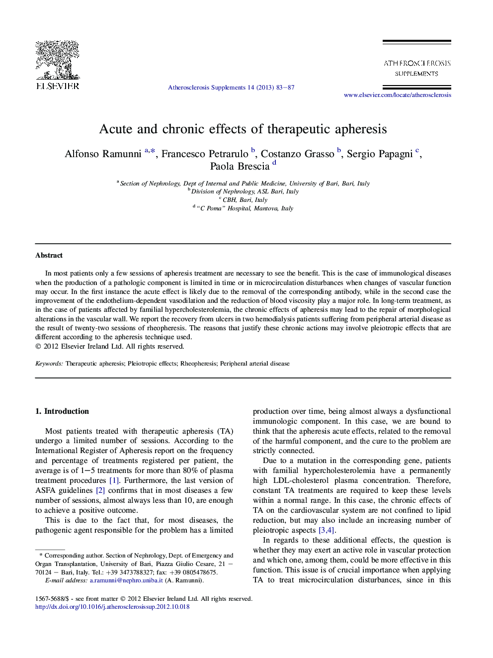 Acute and chronic effects of therapeutic apheresis