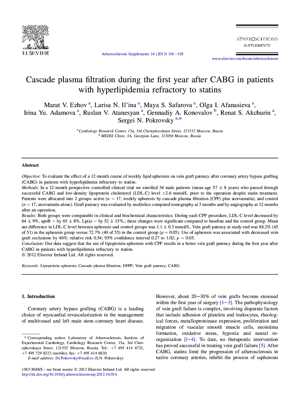 Cascade plasma filtration during the first year after CABG in patients with hyperlipidemia refractory to statins