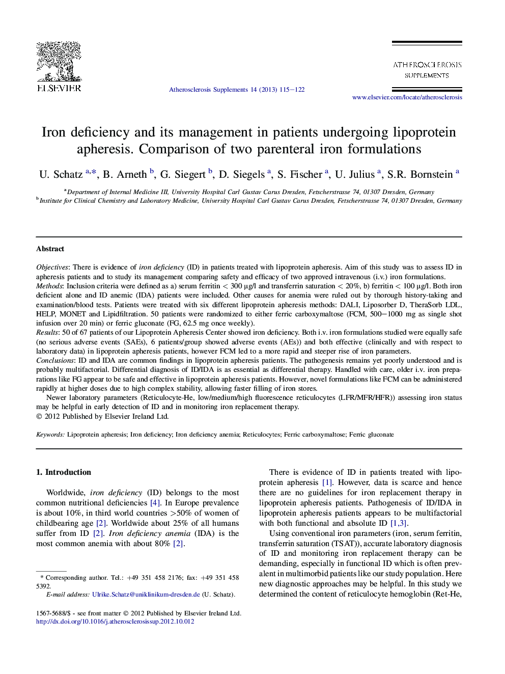 Iron deficiency and its management in patients undergoing lipoprotein apheresis. Comparison of two parenteral iron formulations