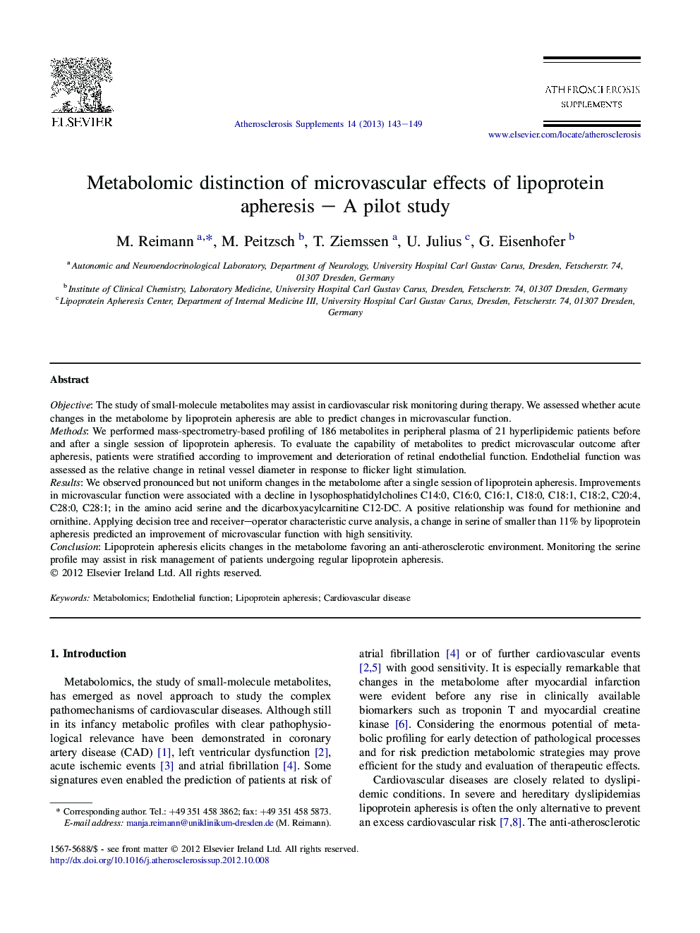 Metabolomic distinction of microvascular effects of lipoprotein apheresis – A pilot study