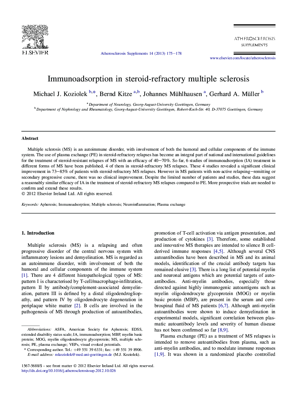 Immunoadsorption in steroid-refractory multiple sclerosis