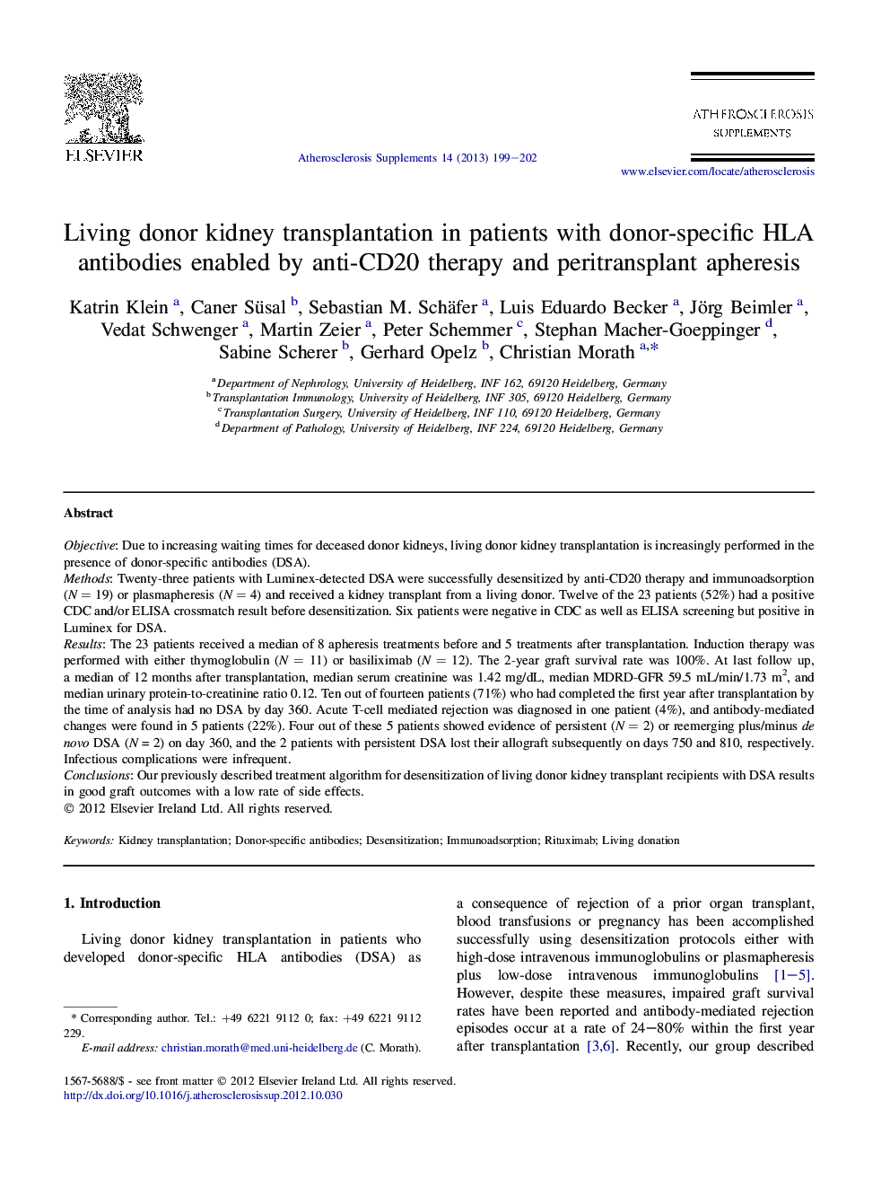 Living donor kidney transplantation in patients with donor-specific HLA antibodies enabled by anti-CD20 therapy and peritransplant apheresis