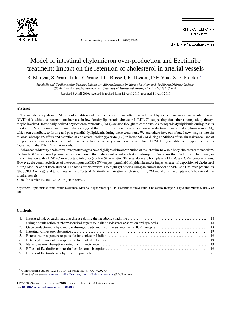 Model of intestinal chylomicron over-production and Ezetimibe treatment: Impact on the retention of cholesterol in arterial vessels