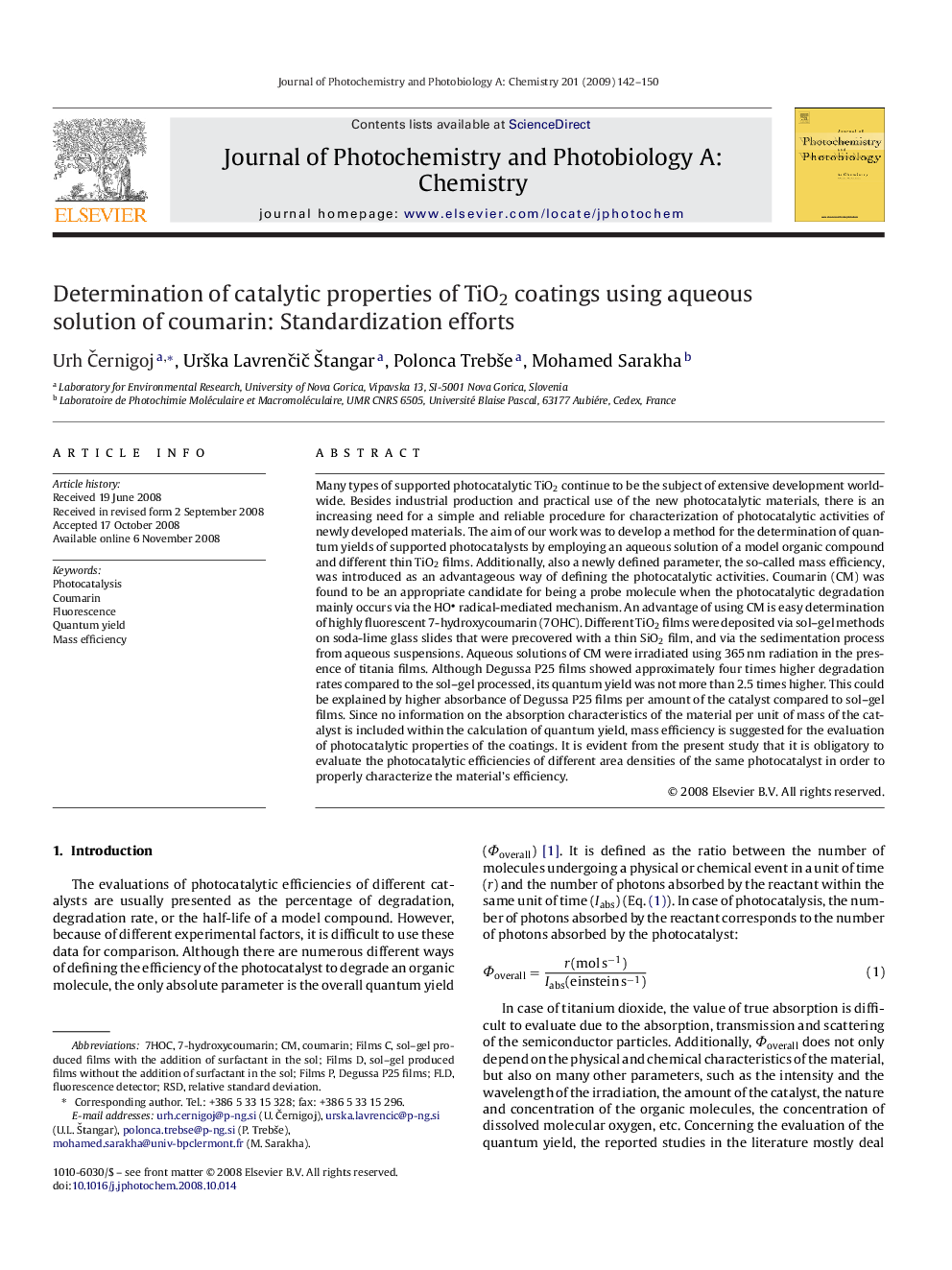 Determination of catalytic properties of TiO2 coatings using aqueous solution of coumarin: Standardization efforts