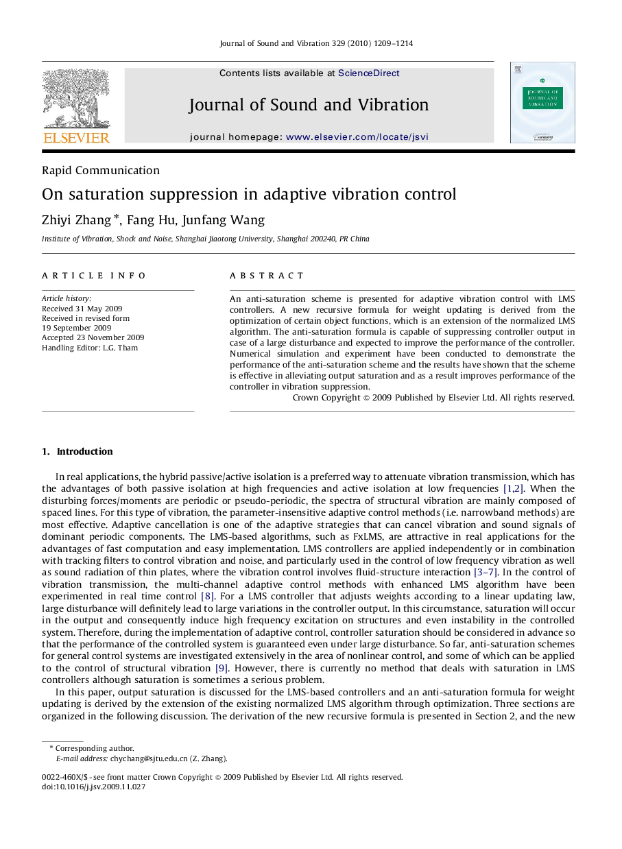 On saturation suppression in adaptive vibration control