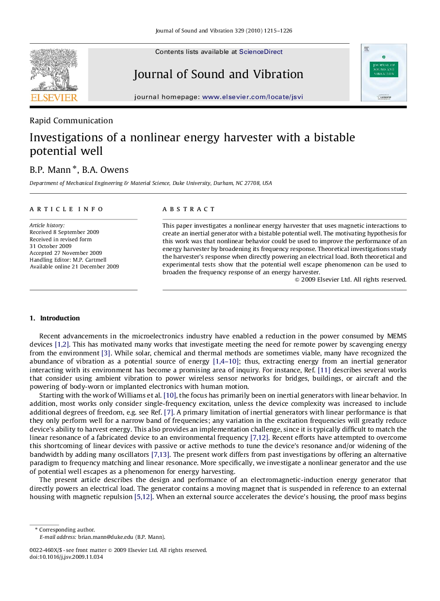 Investigations of a nonlinear energy harvester with a bistable potential well