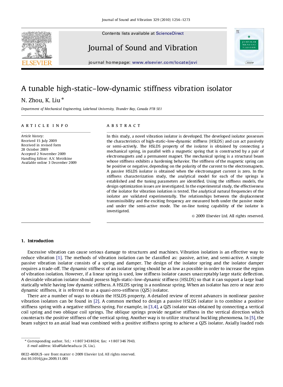 عکس صفحه اول مقاله: A tunable high-static–low-dynamic stiffness vibration isolator A tunable high-static–low-dynamic stiffness vibration isolator